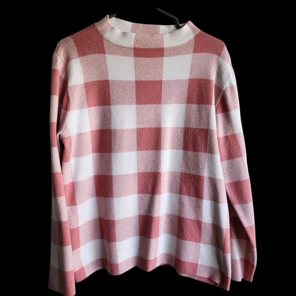 Love Scarlett XL Pink White Gingham Buffalo Check Mock Neck Knit Sweater Top